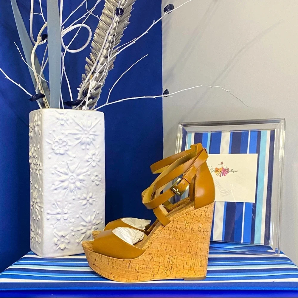 Michael Kors brown cork platform wedge strappy ankle high heel sandals Sz 10 - Picture 4 of 15